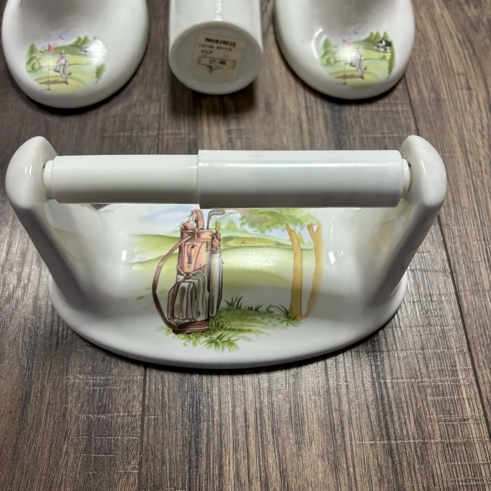 Macbirdie Ceramic Golf Themed Bathroom 4 Piece Set Vintage Soap Bottle Towel Bar